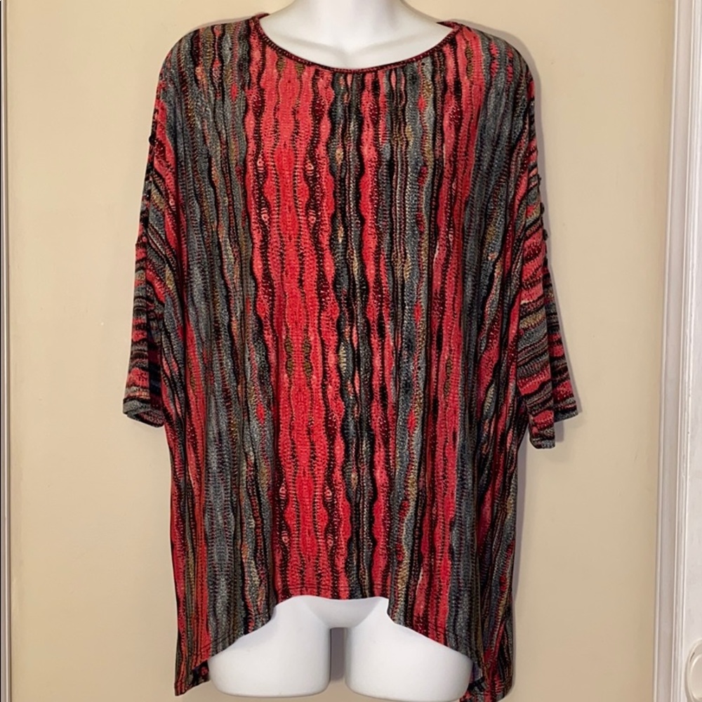 Mila & Milan Shark-bite Crewneck Striped Top -Size Large-Reds, Tans and Grays